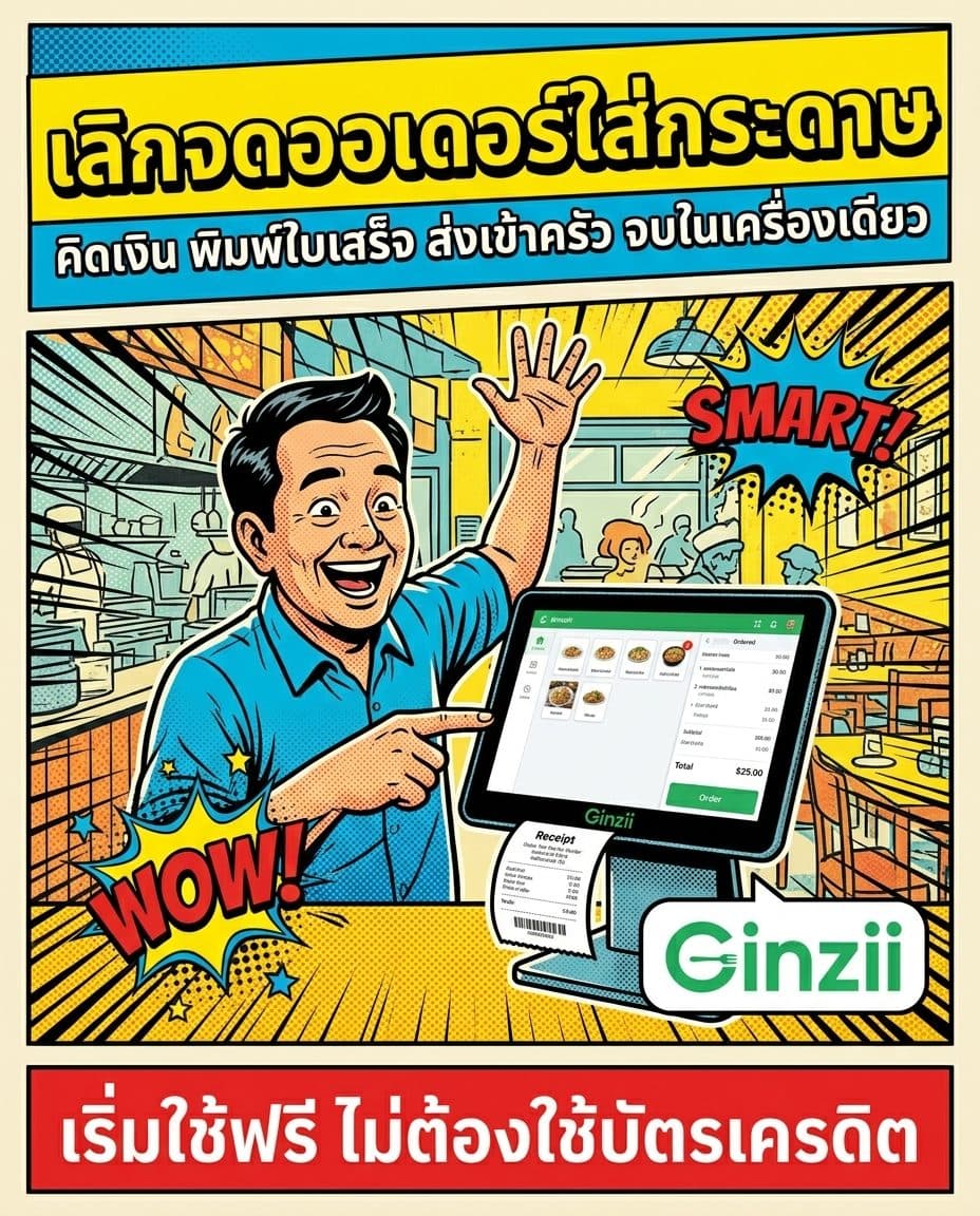 โปสเตอร์โฆษณาสไตล์ป๊อปอาร์ตคอมิก สร้างด้วย AI จากพรอมต์ภาษาไทย โทนสีฟ้าสด แดงสด เหลืองสด ดำ ขาว