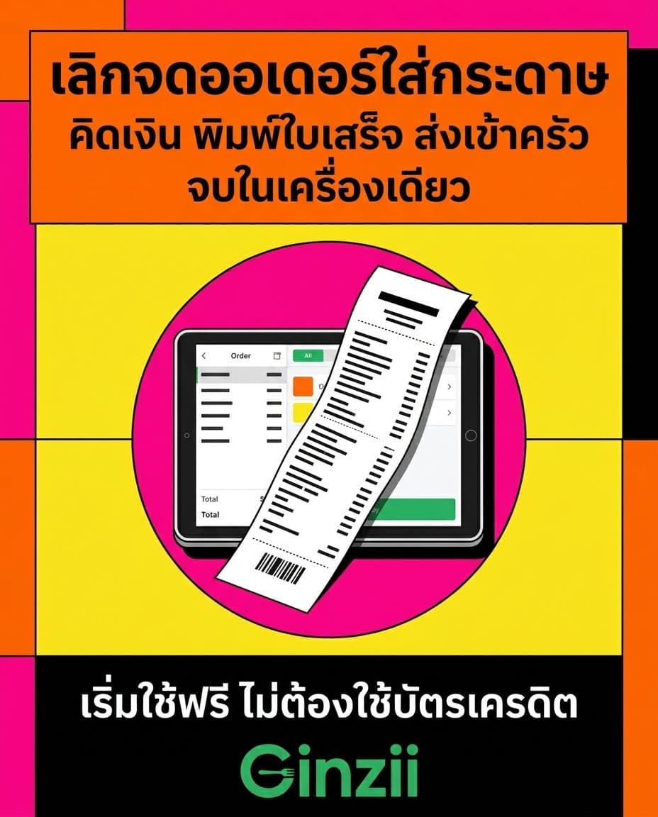 โปสเตอร์โฆษณาสไตล์บล็อกสีป๊อป สร้างด้วย AI จากพรอมต์ภาษาไทย โทนสีส้มสด ชมพูบานเย็น เหลืองสด ดำ