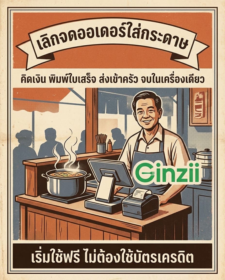 โปสเตอร์โฆษณาสไตล์เรโทรไทยยุคเก่า สร้างด้วย AI จากพรอมต์ภาษาไทย โทนสีส้มอิฐ ครีม น้ำตาลเข้ม แต้มฟ้าอมเทา