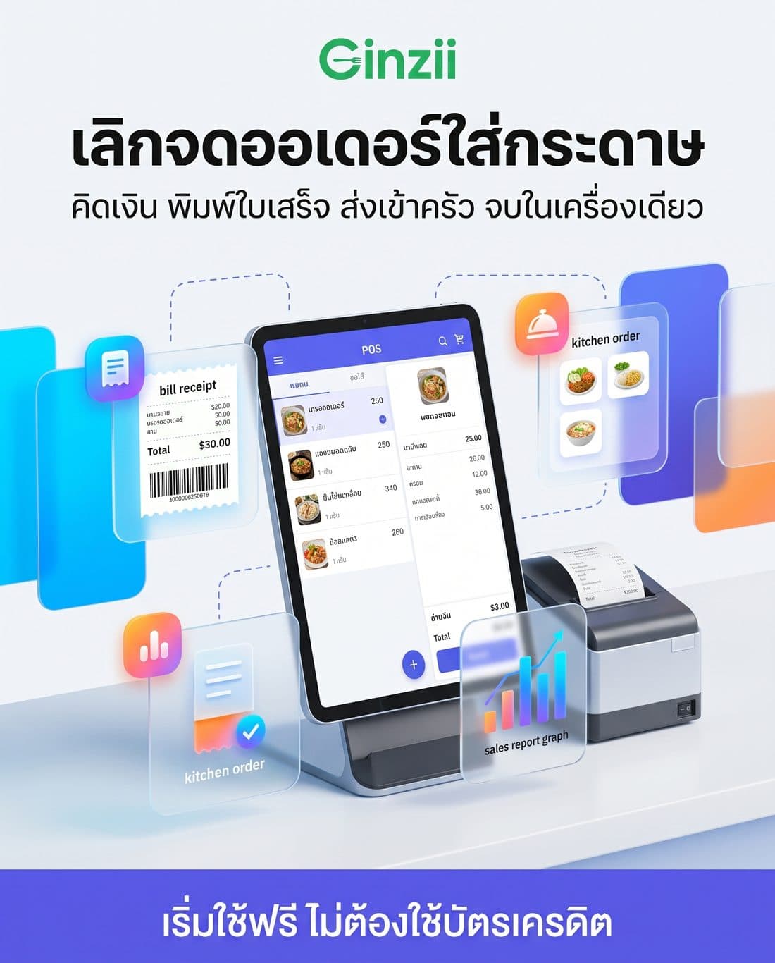 โปสเตอร์โฆษณาสไตล์เทคโมเดิร์นการ์ดลอย สร้างด้วย AI จากพรอมต์ภาษาไทย โทนสีฟ้าสด ม่วงอมน้ำเงิน ขาว เทาอ่อน แต้มส้ม