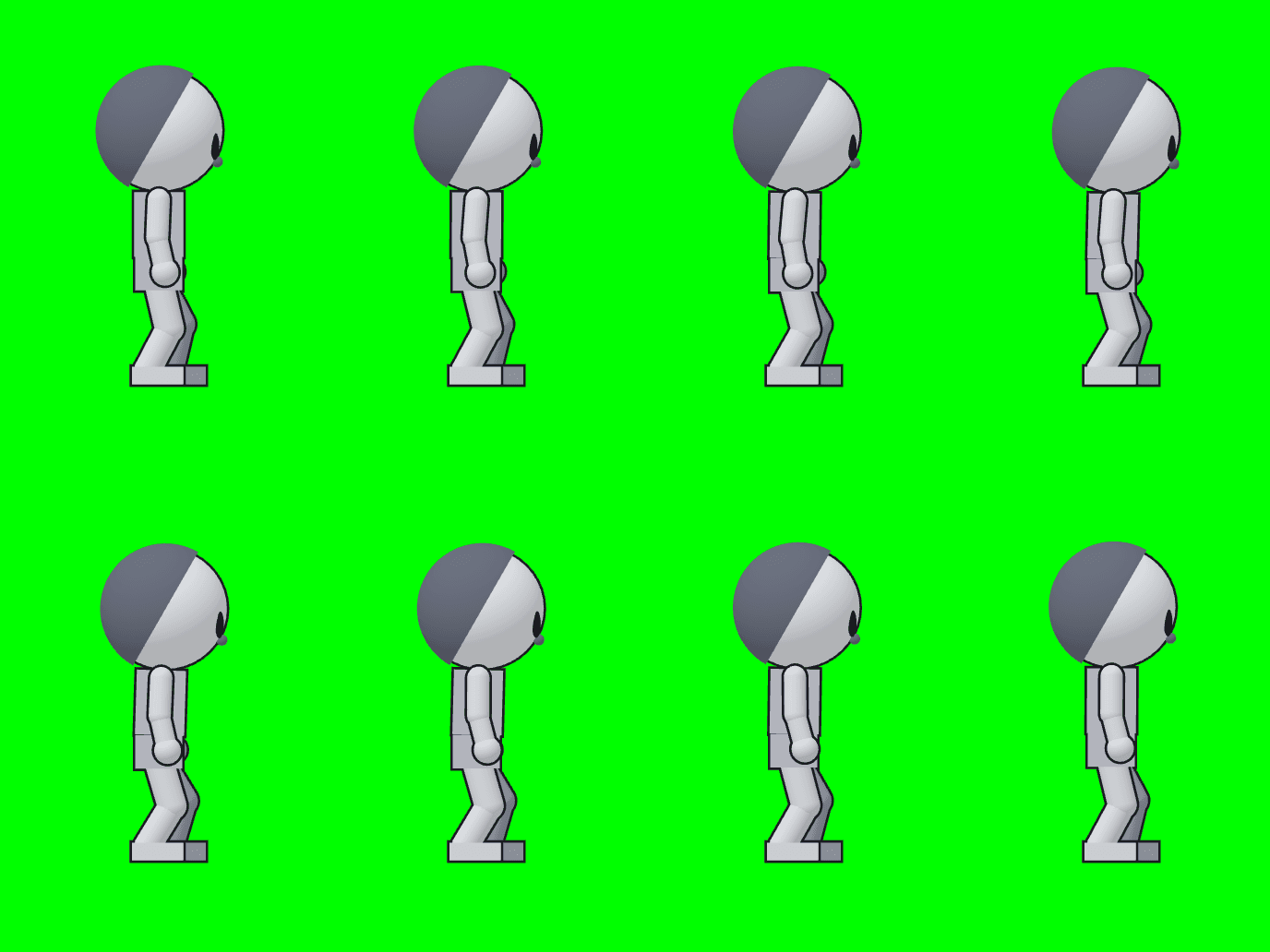แม่แบบท่ายืน 8 เฟรม มุมข้าง เป็นหุ่น 3 มิติสีเทาหันขวา