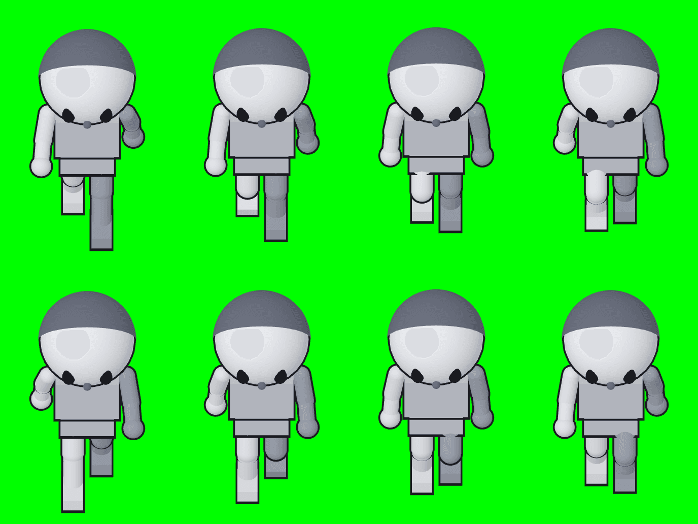 แม่แบบท่าเดิน 8 เฟรม ทิศลง (หันเข้ากล้อง) เป็นหุ่น 3 มิติสีเทา มุมกล้อง 45 องศา