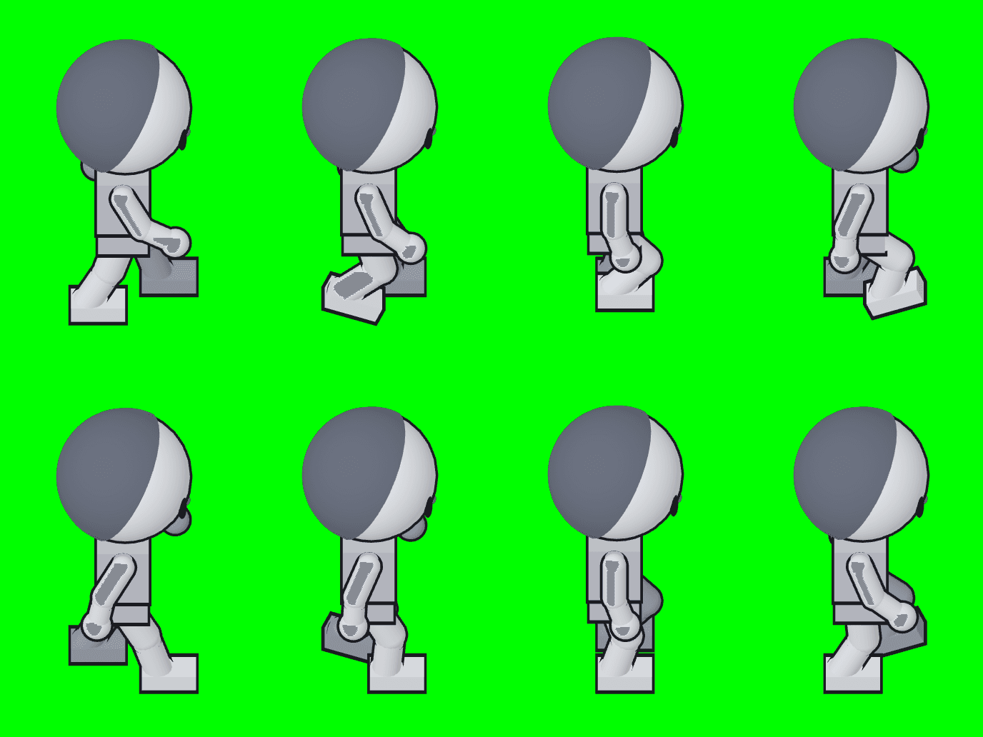 แม่แบบท่าเดิน 8 เฟรม ทิศขวา เป็นหุ่น 3 มิติสีเทา มุมกล้อง 45 องศา