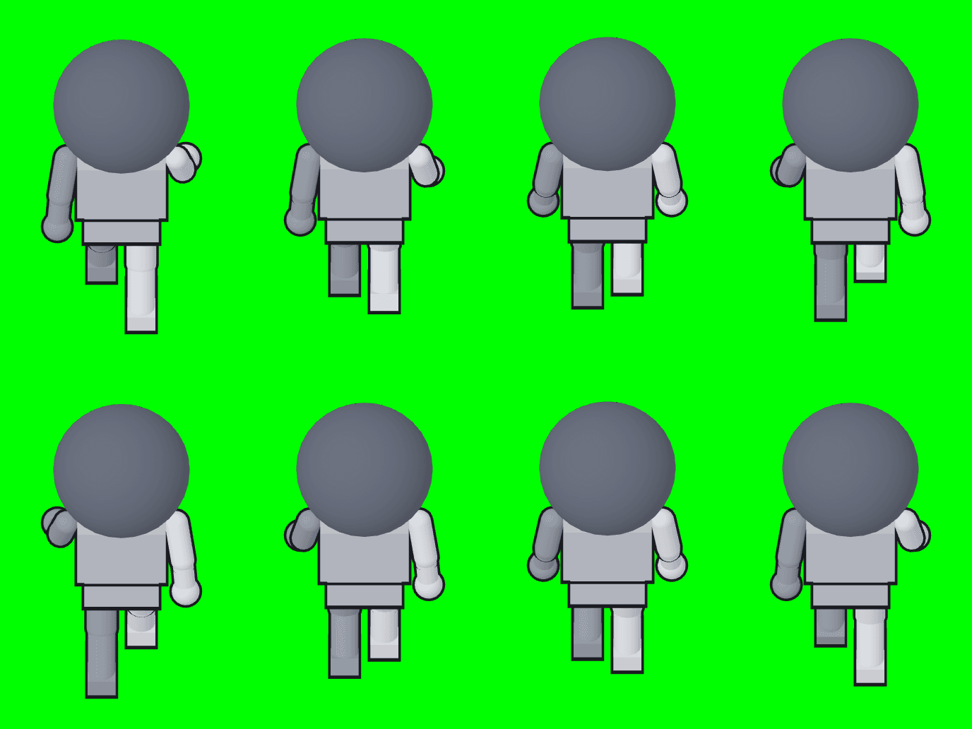แม่แบบท่าเดิน 8 เฟรม ทิศขึ้น (หันหลัง) เป็นหุ่น 3 มิติสีเทา มุมกล้อง 45 องศา